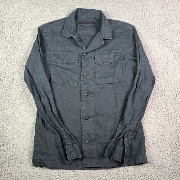 AllSaints 100% Linen Button Shirt Mens S Navy Blue Jutland Long Sleeve Camp - Picture 2 of 11